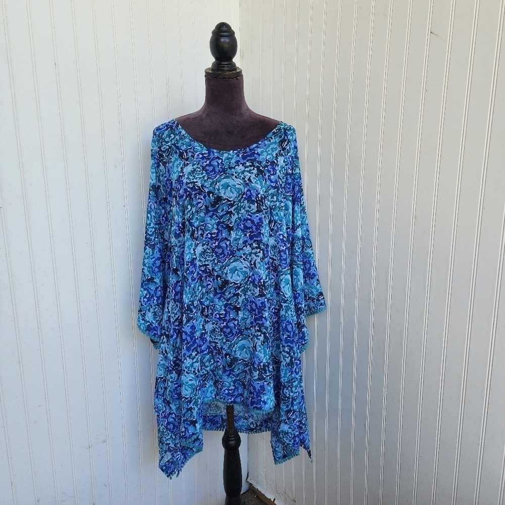 Lands' End Women's Kaftan Swim Cover-up Dress Floral Print Blue Pompom L 14-16